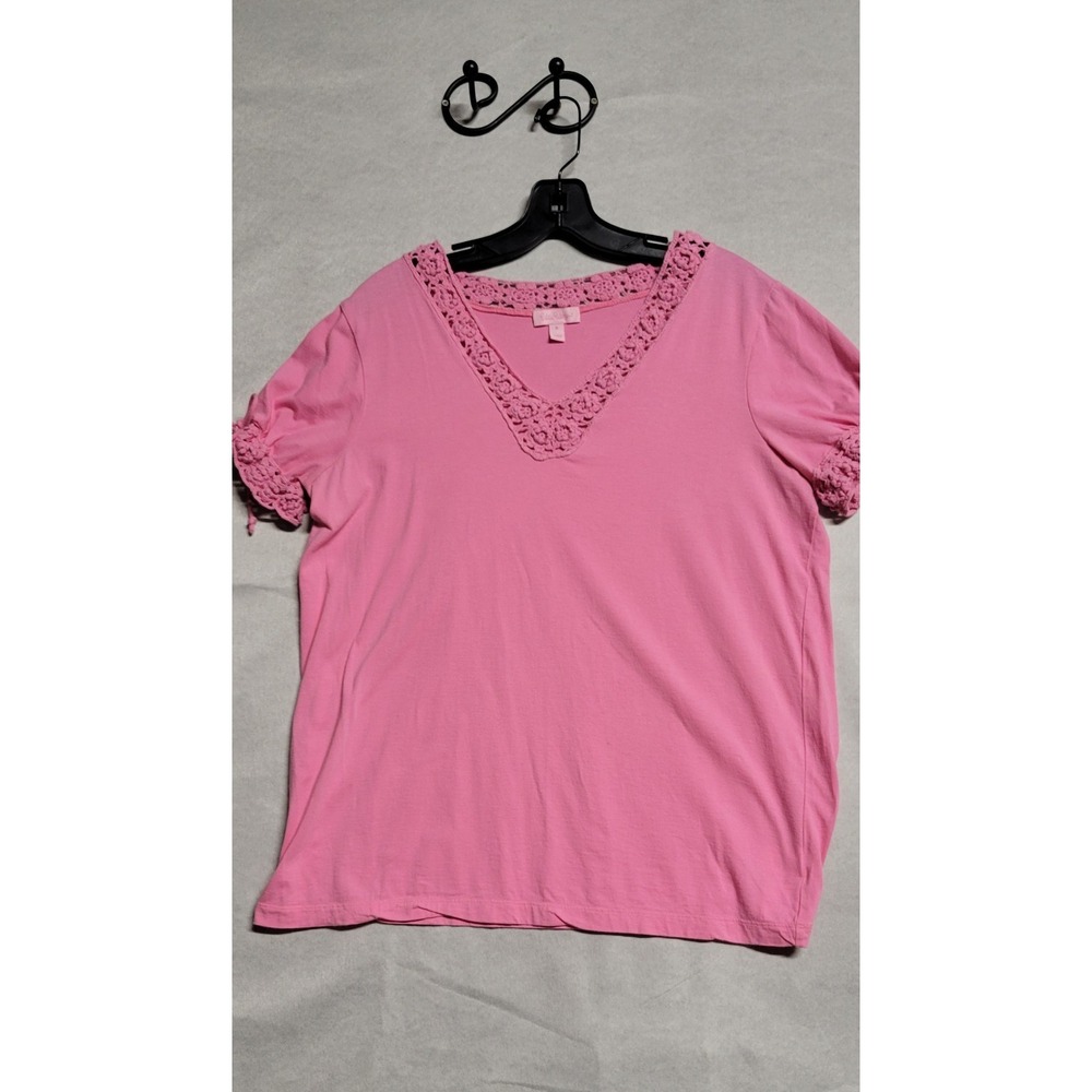 Pink W Crochet Trim Ss Lilly Pulitzer Top With Drawstring Sleeves Size XL